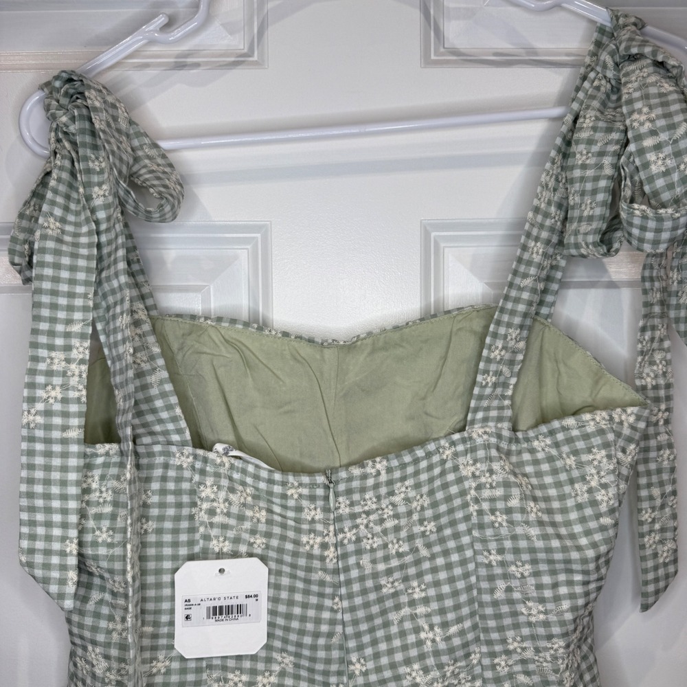 Altar'd State Size Medium Sage Green Gingham Floral Embroidered Tie Strap Romper - Picture 7 of 9